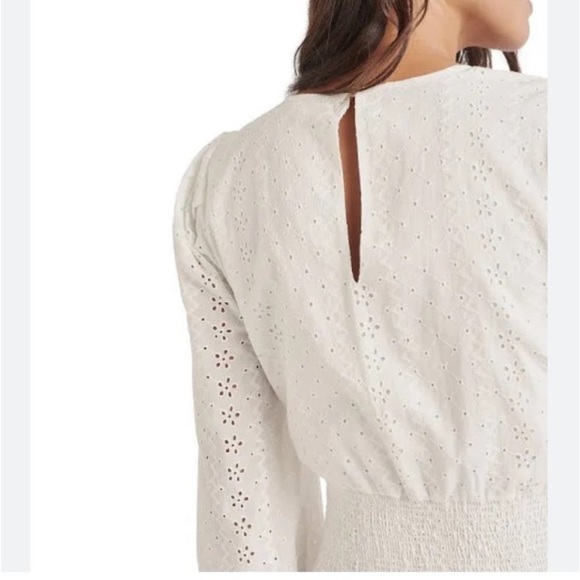 Splendid x Cella Jane Eyelet Mini Dress M White Tiered Smocked Feminine Pretty - Picture 4 of 16